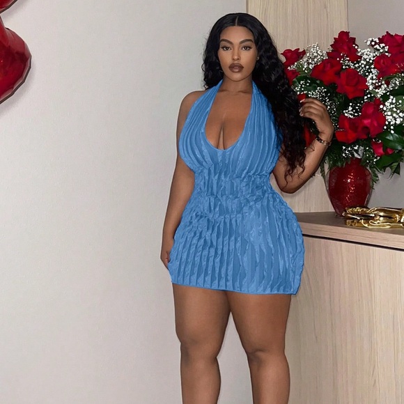 Blue V-Neck Halter Mini Dress - Picture 1 of 1